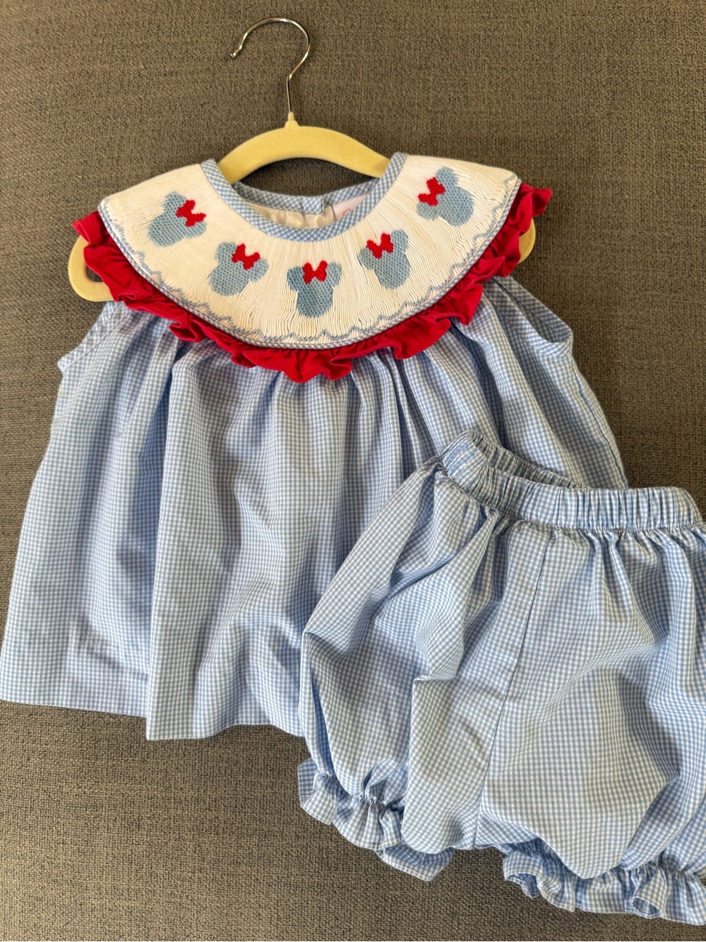 Blue Gingham Disney set smocked with bloomers
